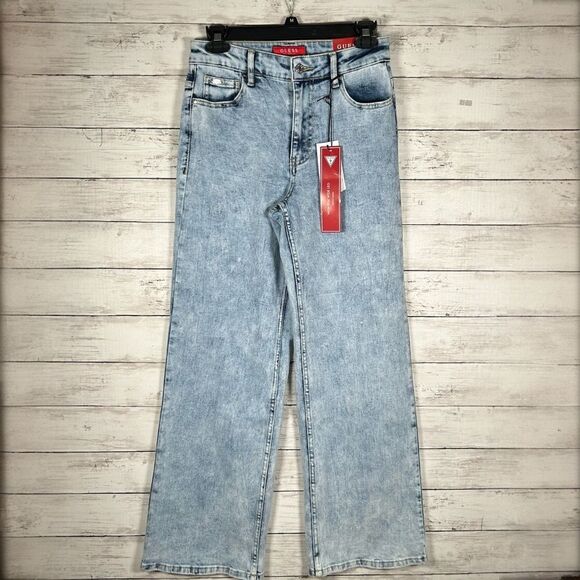 Guess Crystal Embellished Light Acid Wash Wide Leg Jeans 27/30 NWT $90 - Picture 2 of 7